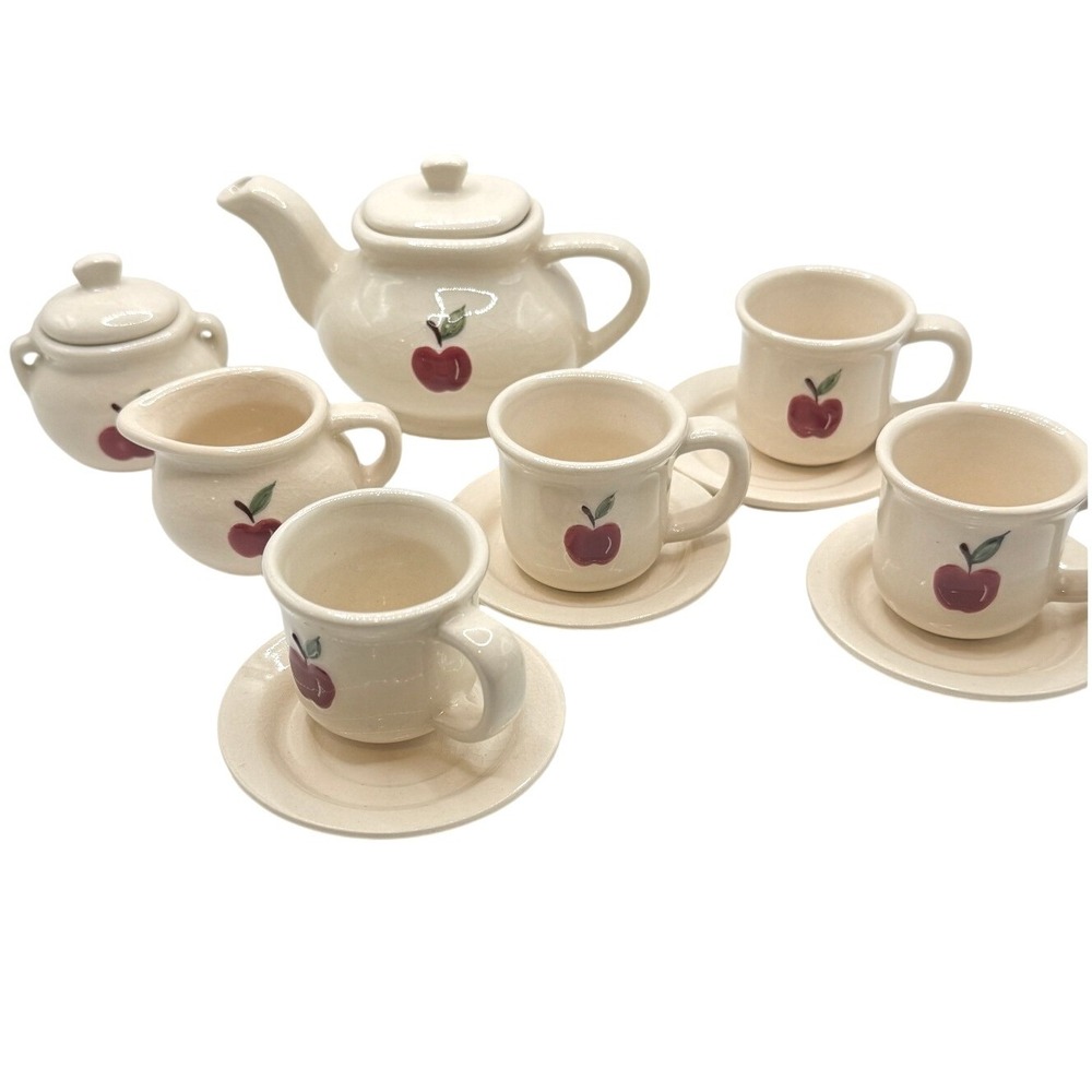 Vintage Style Miniature Apple Tea Set Ceramic Teapot Cups Saucers Creamer Sugar